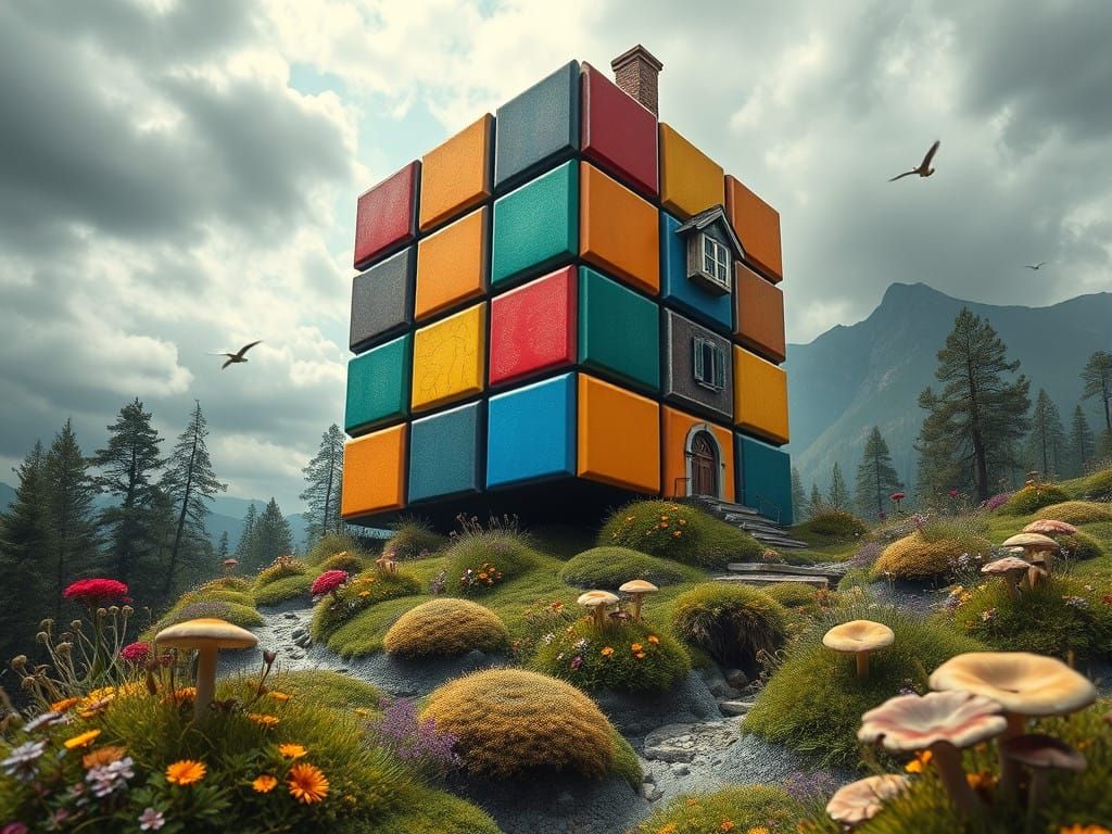 Fractal Elegance Surreal Landscape with Rubik's Cube House