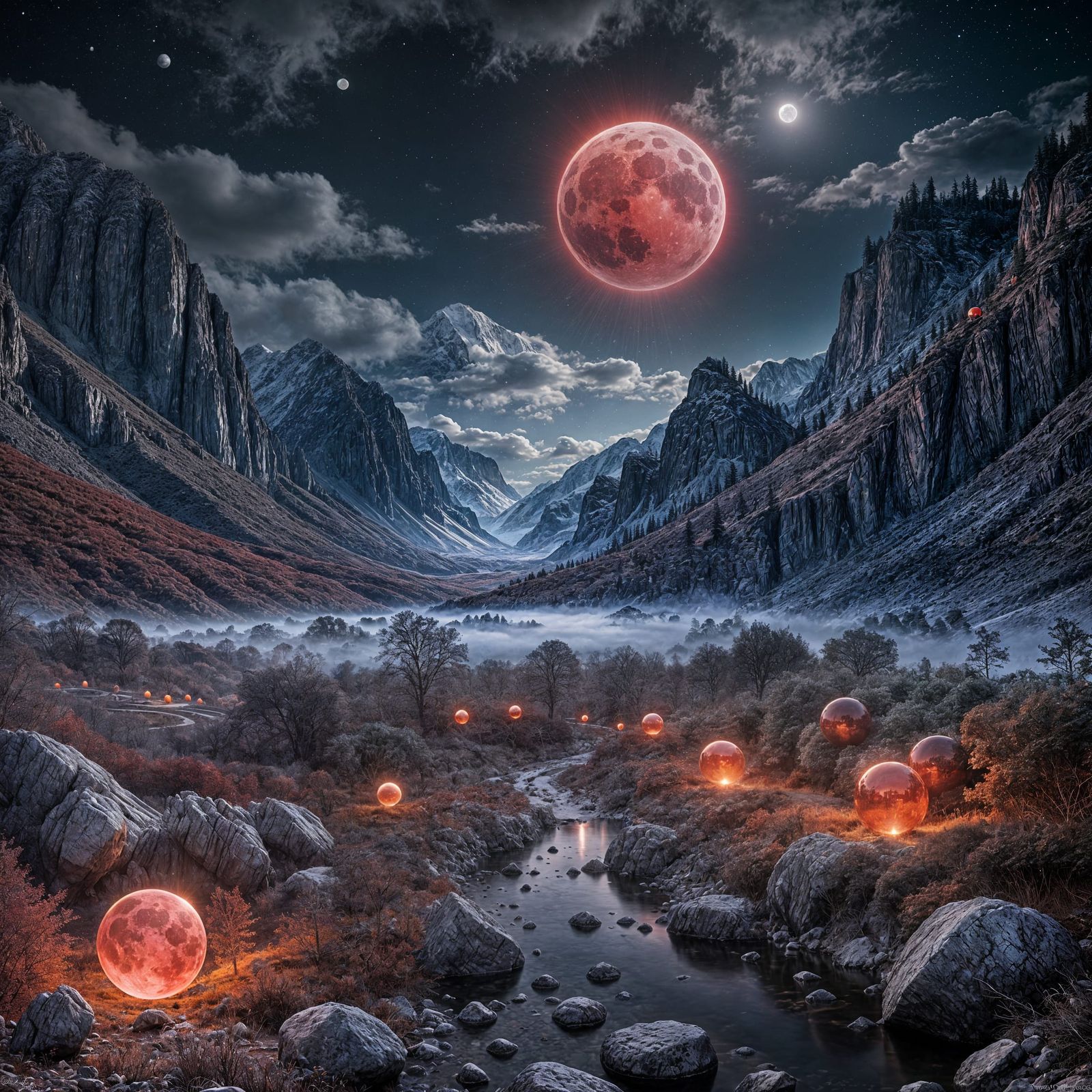 Realistic Metallic Spheres in Moonlit Mountain Valley