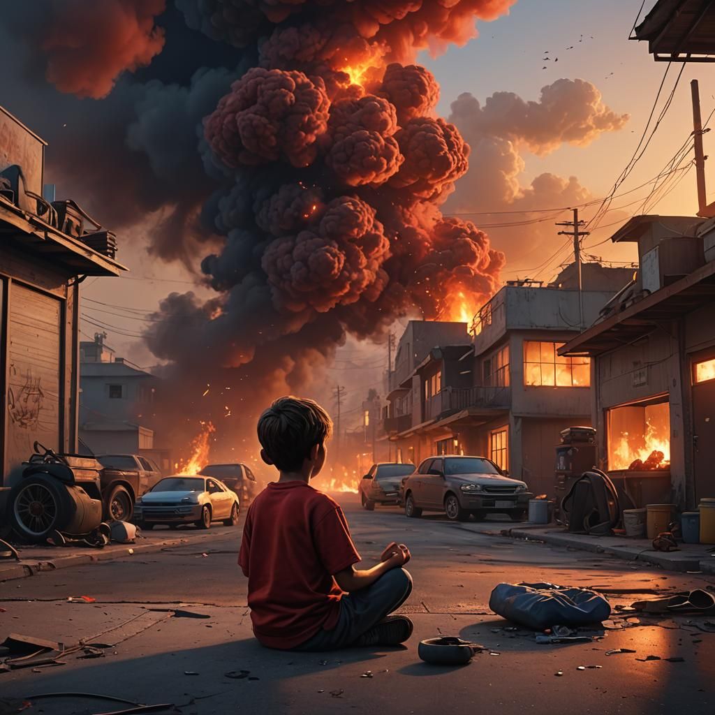 Fiery Sunset Meditation in Garage: Fantasy Concept Art