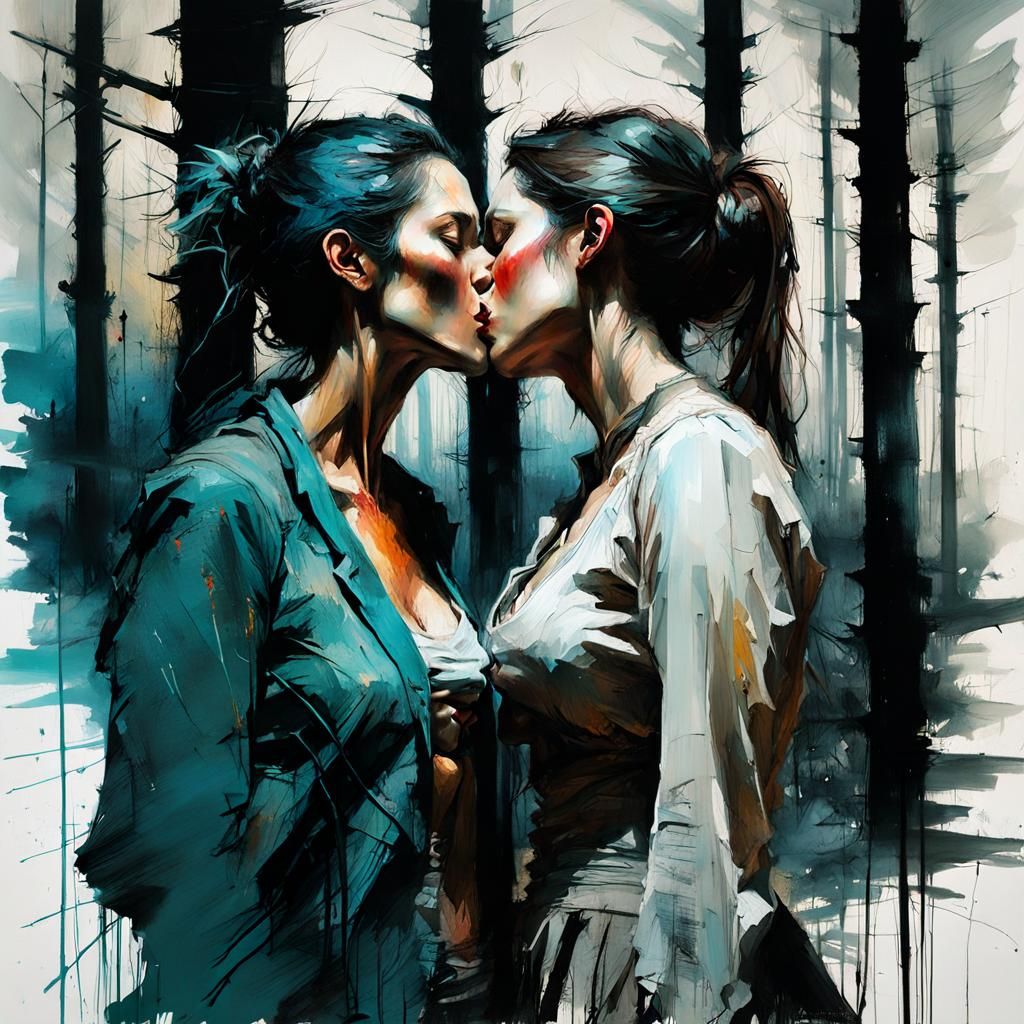 Passionate Kiss in the Woods: Colorful Oil Painting