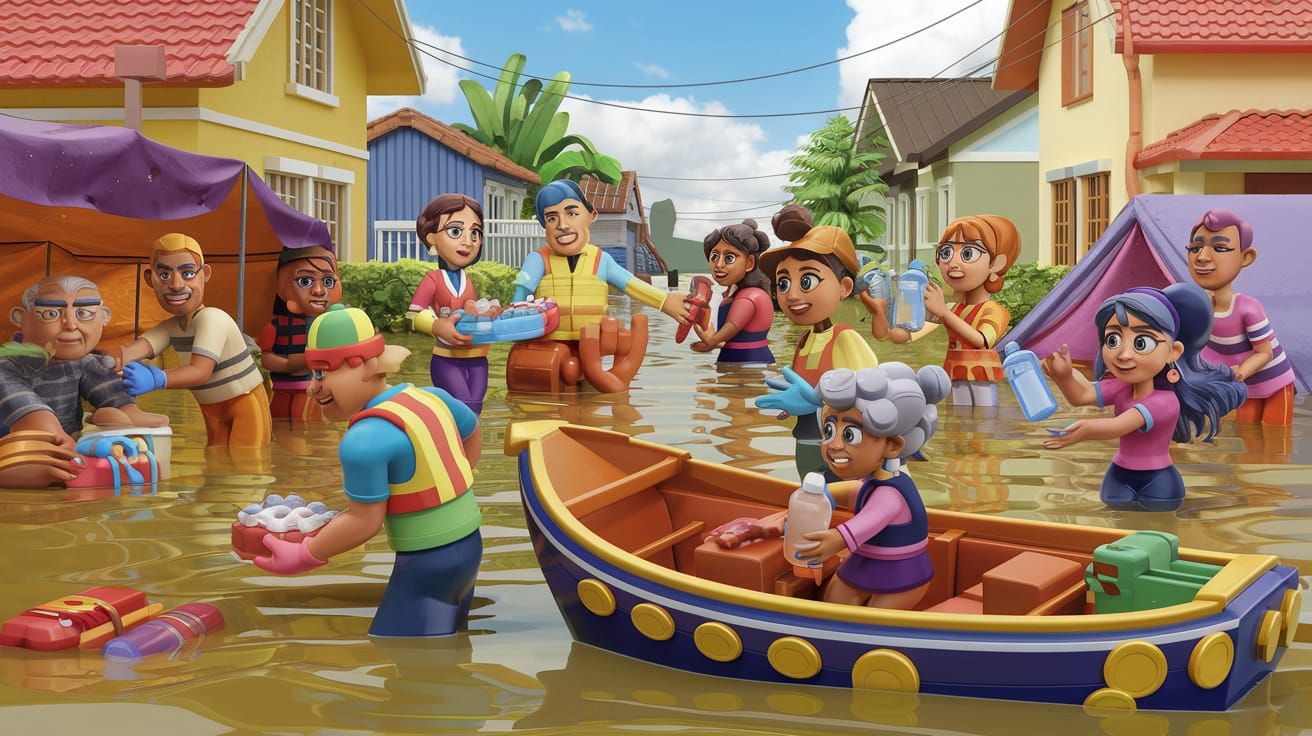 Cartoon Flood Relief: Diverse Volunteers Help Victims