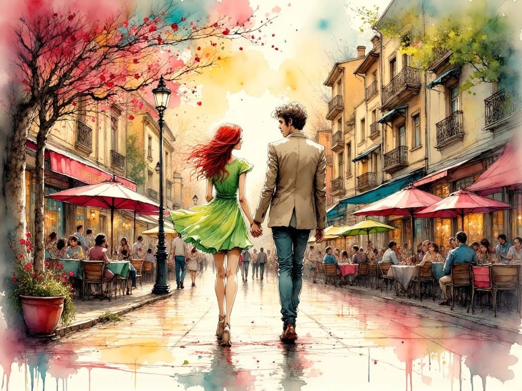 Romantic City Plaza Scene in Ink Art Style