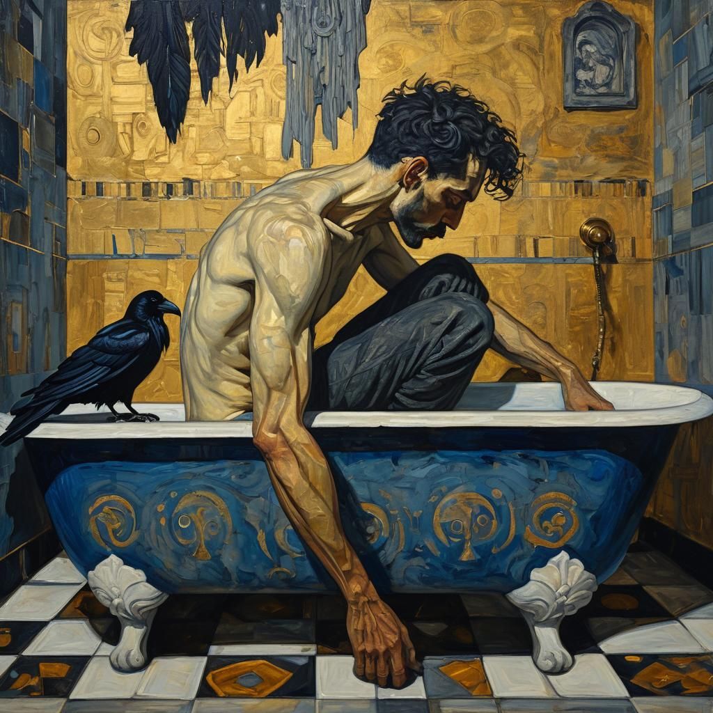 Mystical Man with Raven, Symbolist Oil Painting