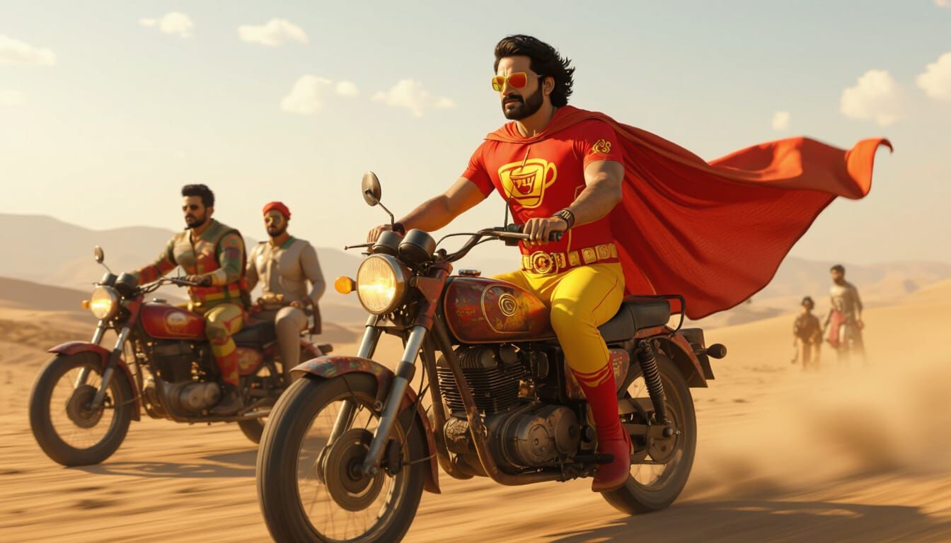 Indian Parody Superhero Rides Motorcycle with Friends