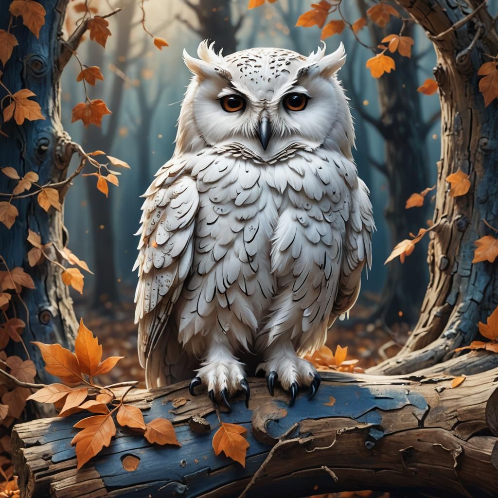 Sleeping White Owl in Whimsical Fantasy Art Style
