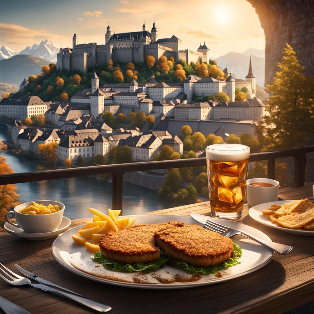 Austrian Schnitzel with Salzburg Castle View