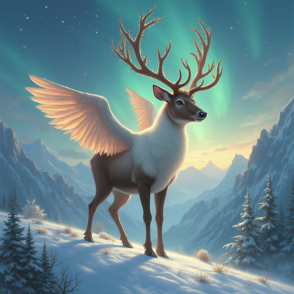 Winged Reindeer in Ethereal Aurora Landscape