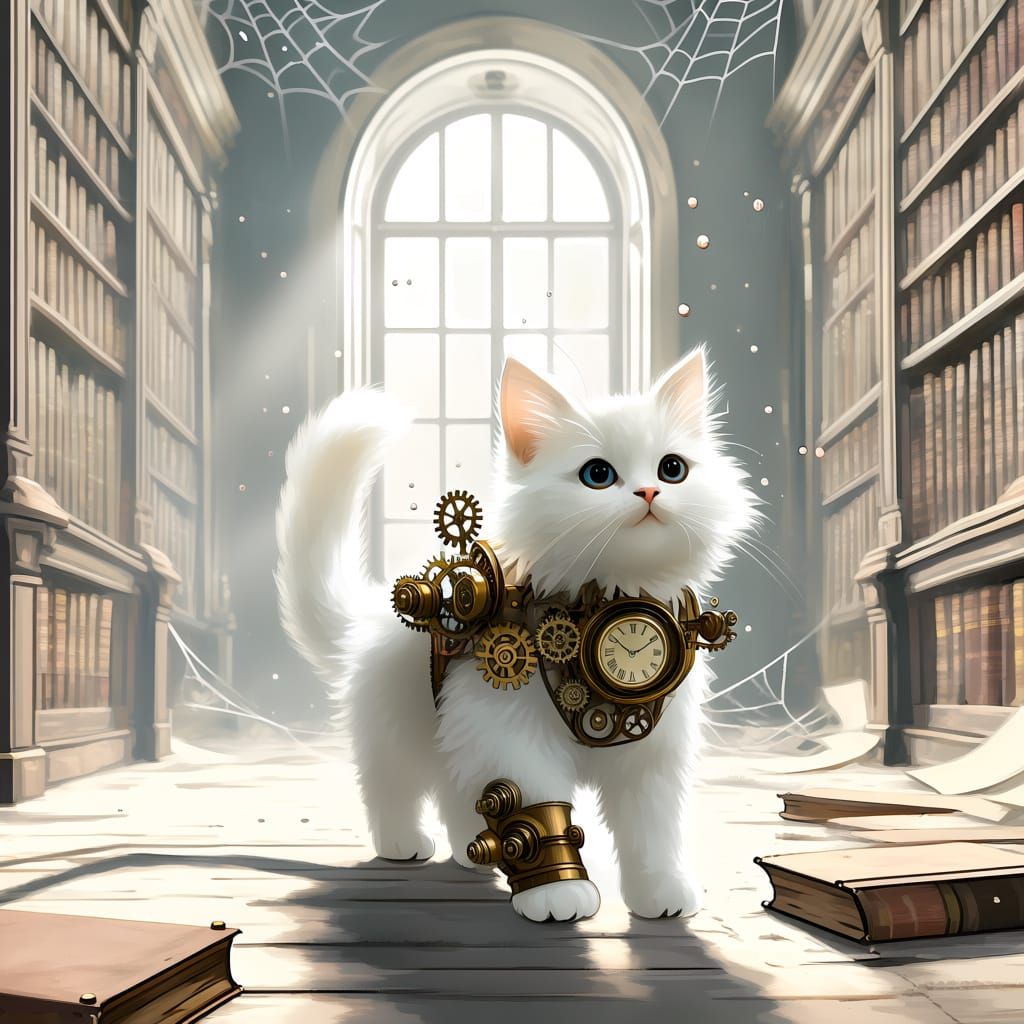 Steampunk Kitten Explores Abandoned Victorian Library