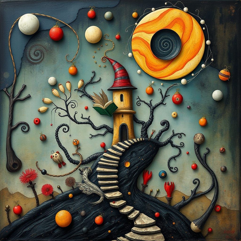 Whimsical Dark Fantasy World in Vibrant, Abstract Expression...