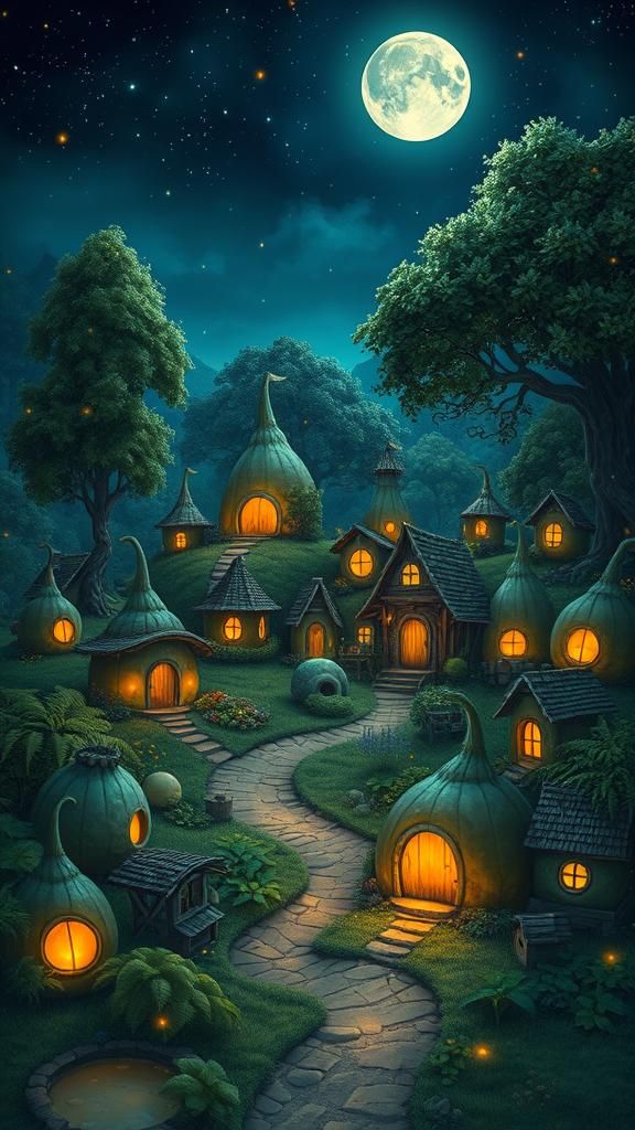Enchanted Gourd Village at Night: A Fantasy Scene