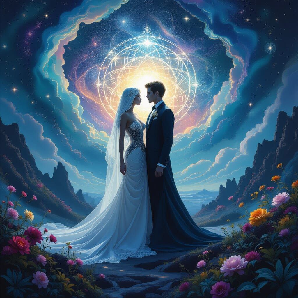 Surreal Digital Painting of Human Duality in Cosmic Landscap...