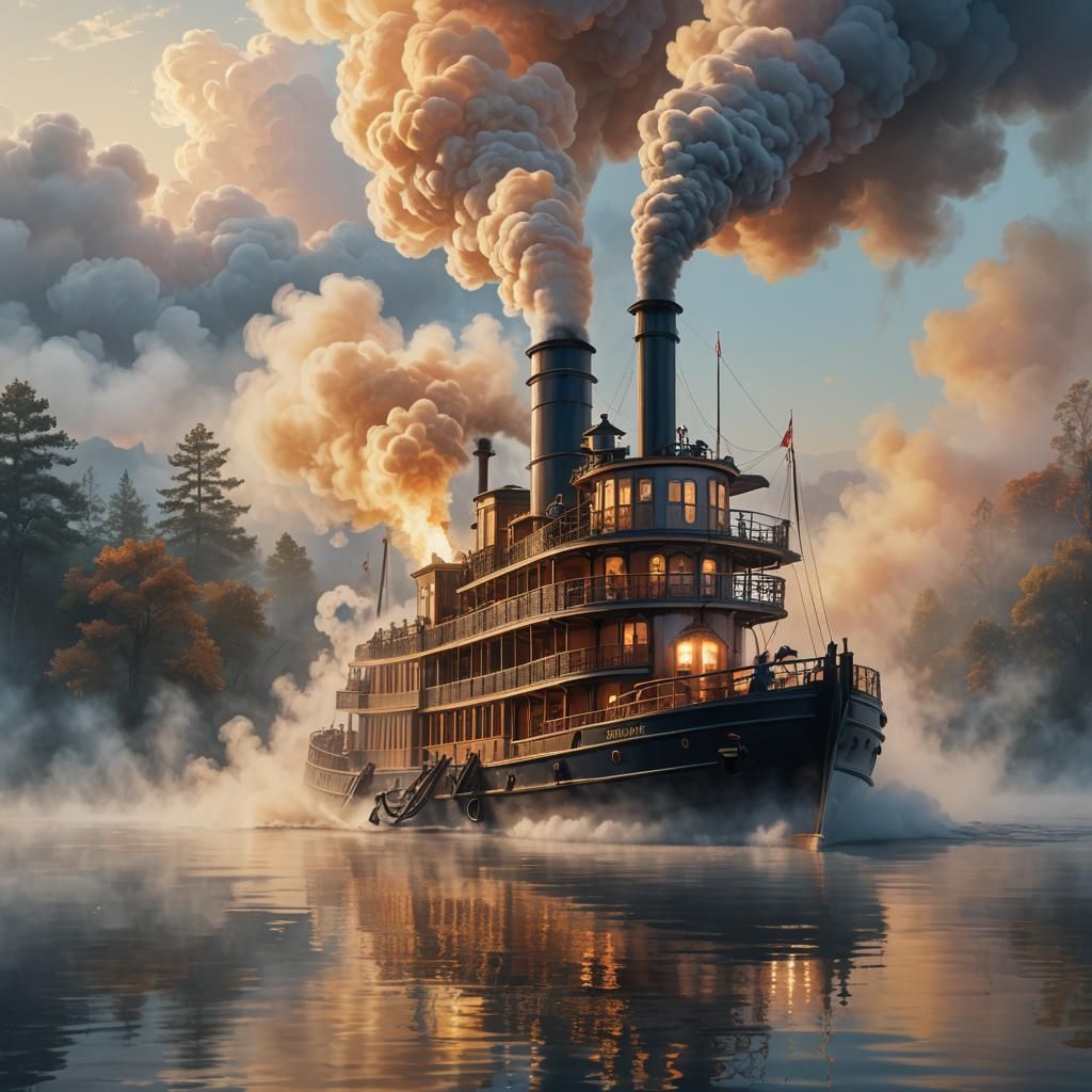 Paddle-Steamer Navigating Misty Lake at Dawn