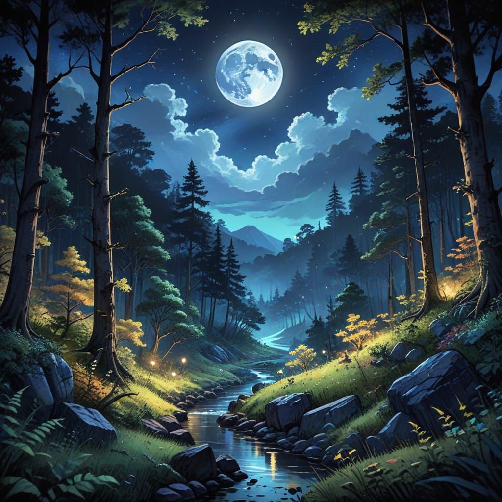Whimsical Moonlit Forest in Watercolor Style