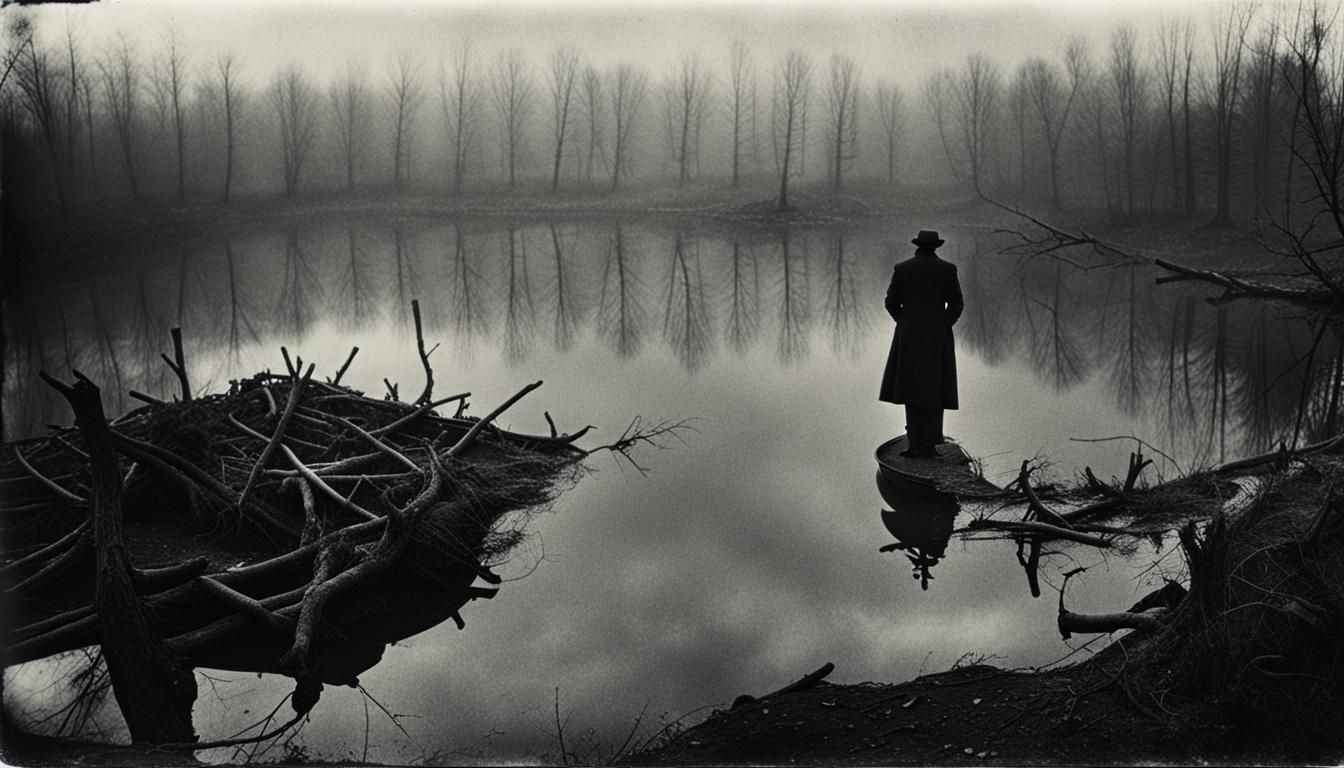 Dark eerie places by Andrei tarkovsky ,
 b&w , hi def sx70 polaroid,  super image sharpness  , cinematic, mysterious, fi...