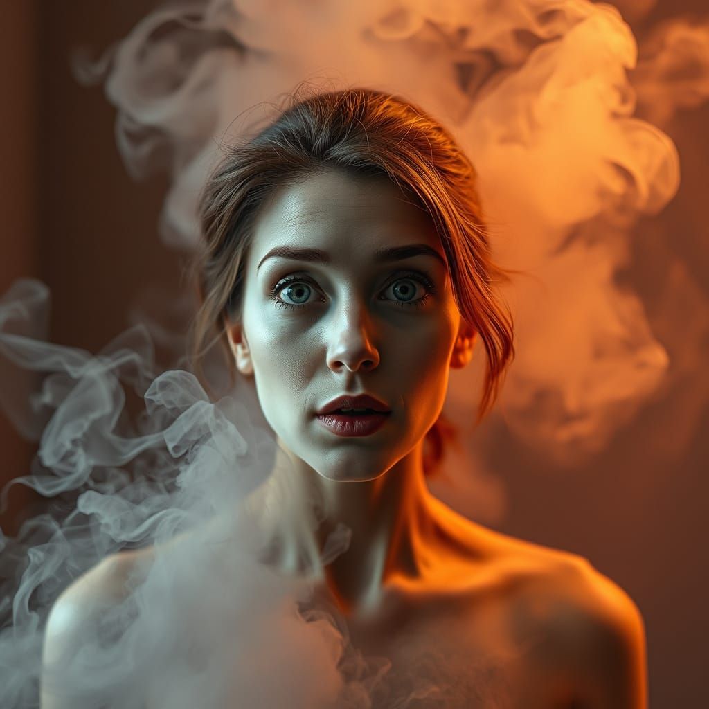 Surprised Woman Made of Smoke in Photorealistic Room