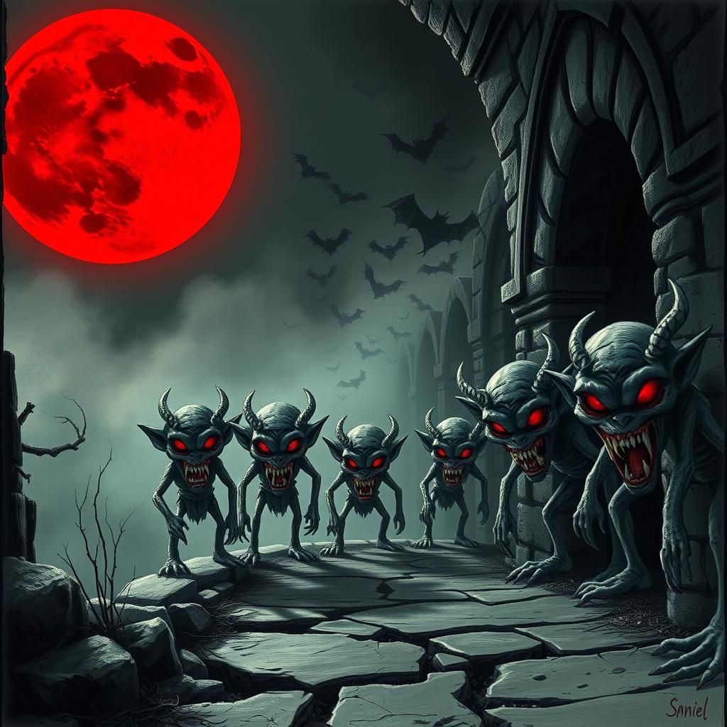 Spooky Dracula Burial Chamber with Goblins in Dark Fantasy S...