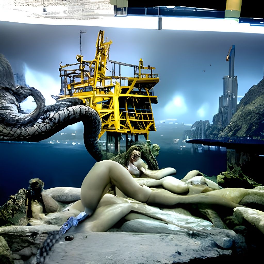 Under the sea drilling station with serpents