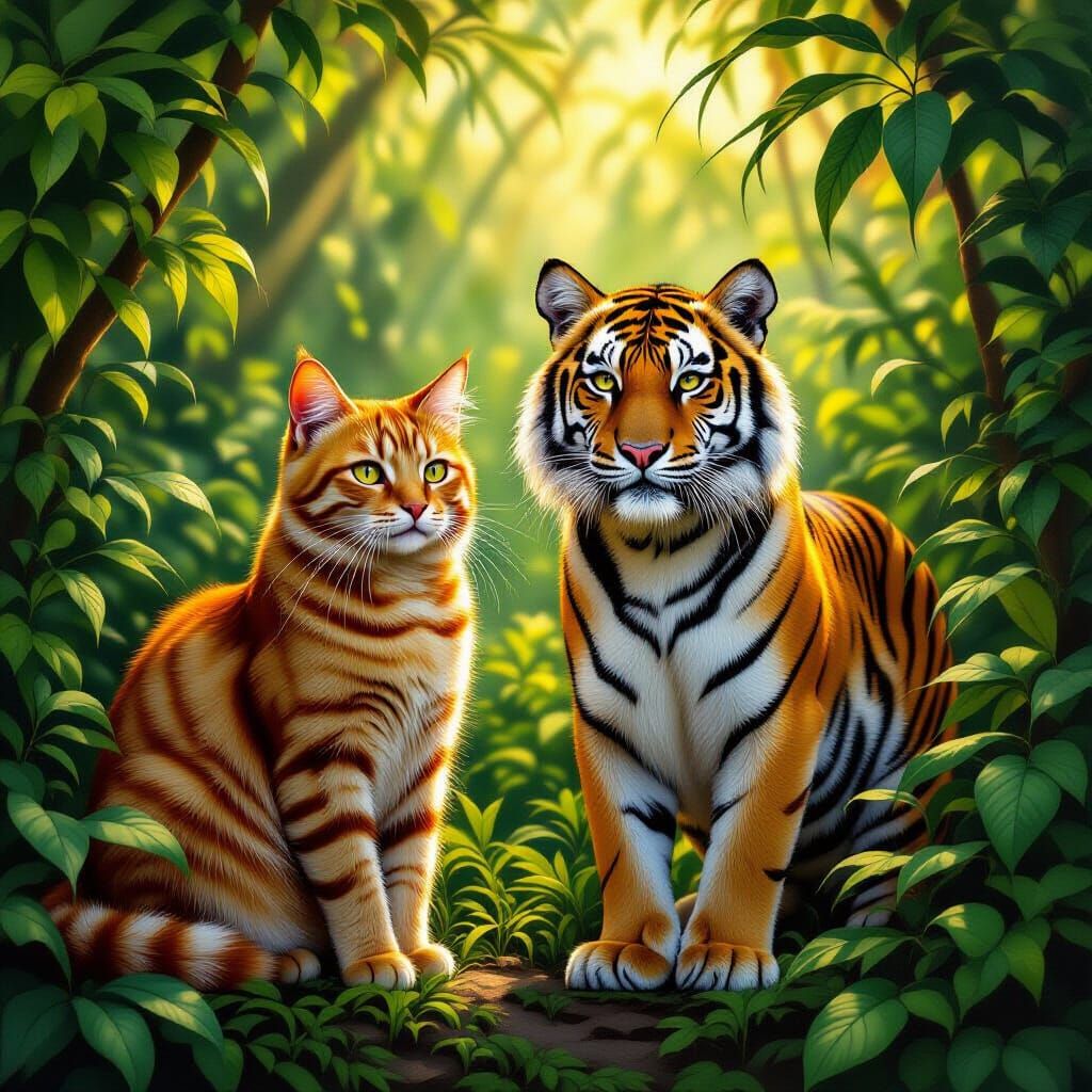 Identical Ginger Cat and Tiger in Lush Jungle