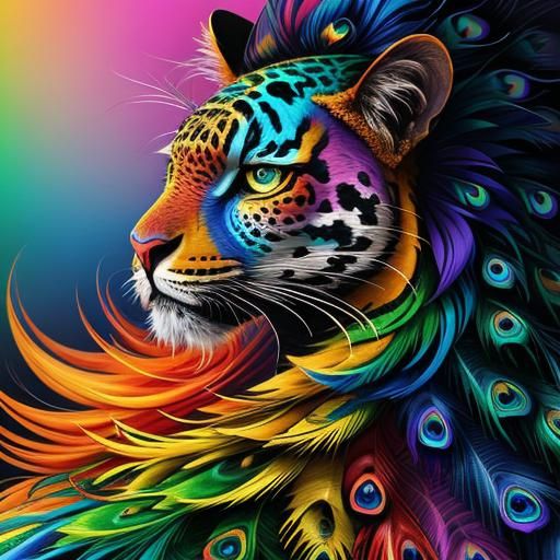 Rainbow Dragon Woman with Peacock Hair in Abstract