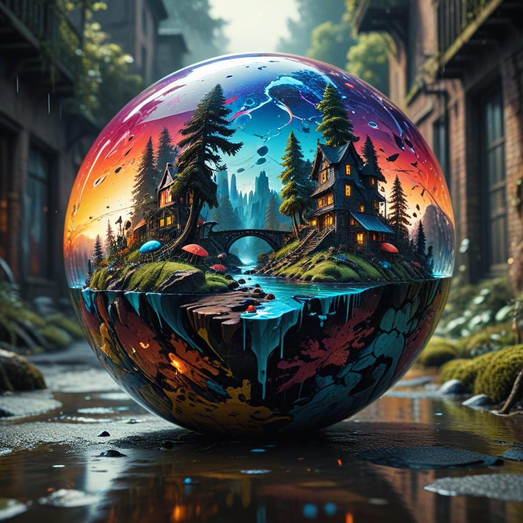 Floating Island in Glass Sphere in Magical Forest