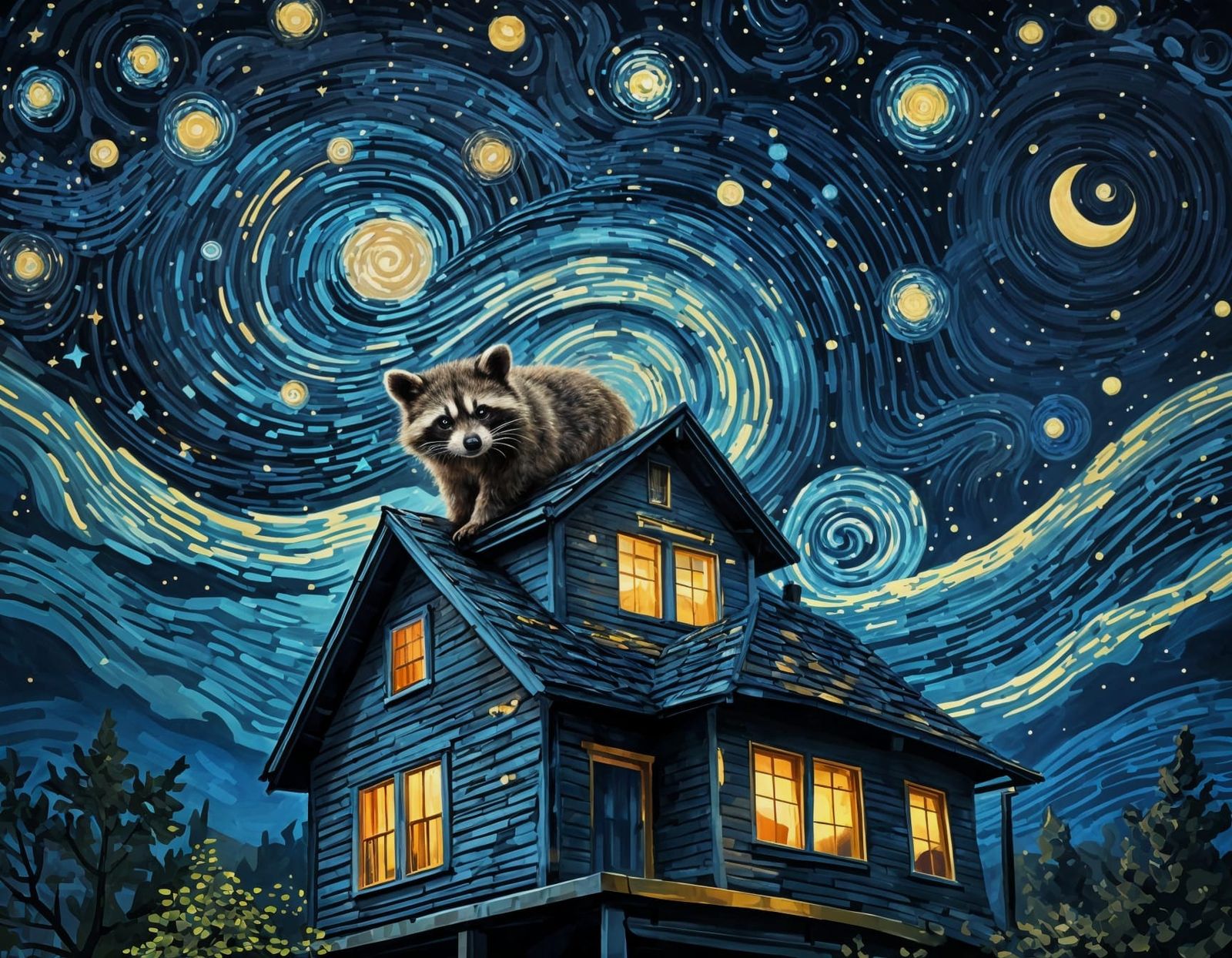 Raccoon Saxophonist Under Starry Night Sky as Impasto Painti...