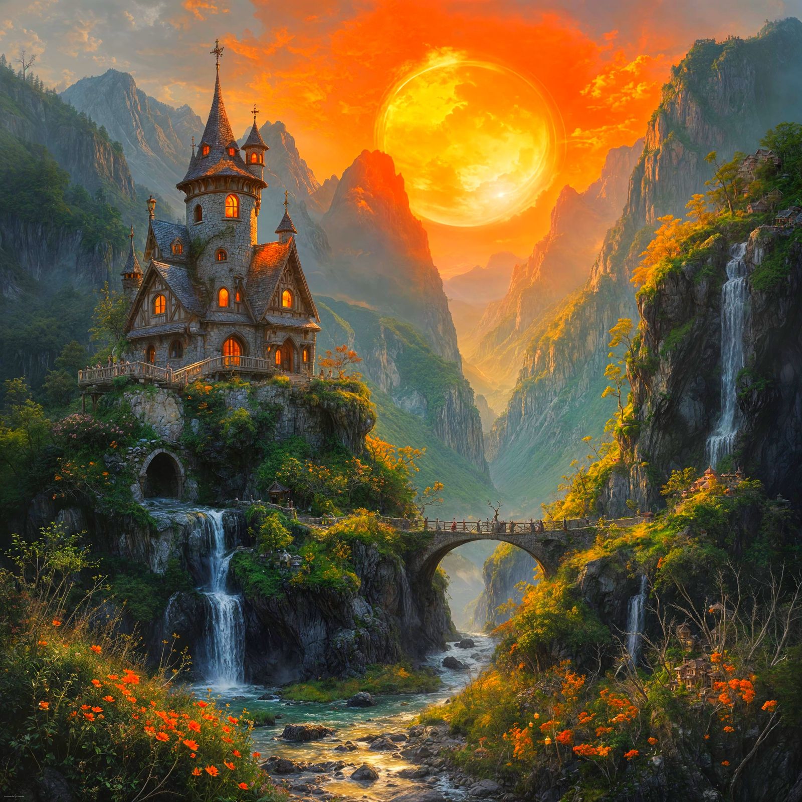 Fantasy Village and Castle in Twisted Mountains