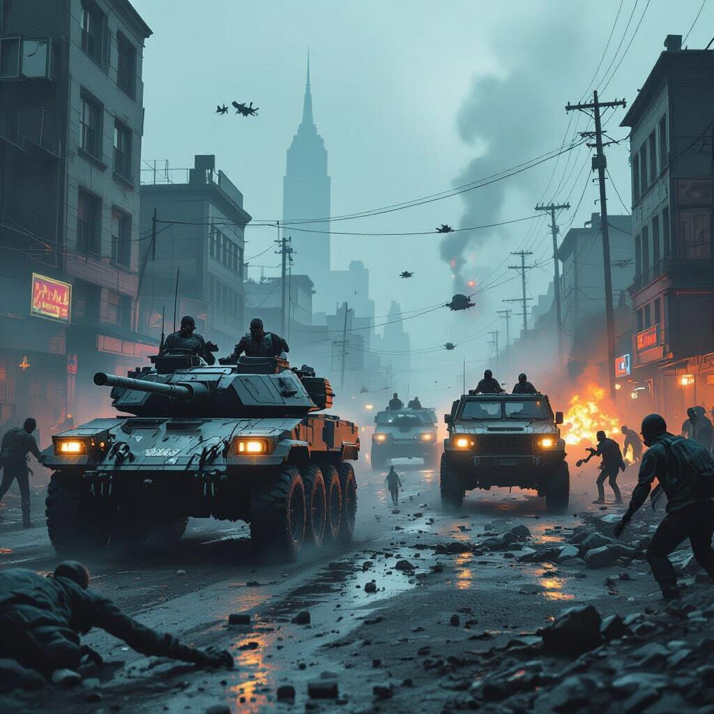 Military Vehicles Battle Zombies in Apocalyptic Cityscape