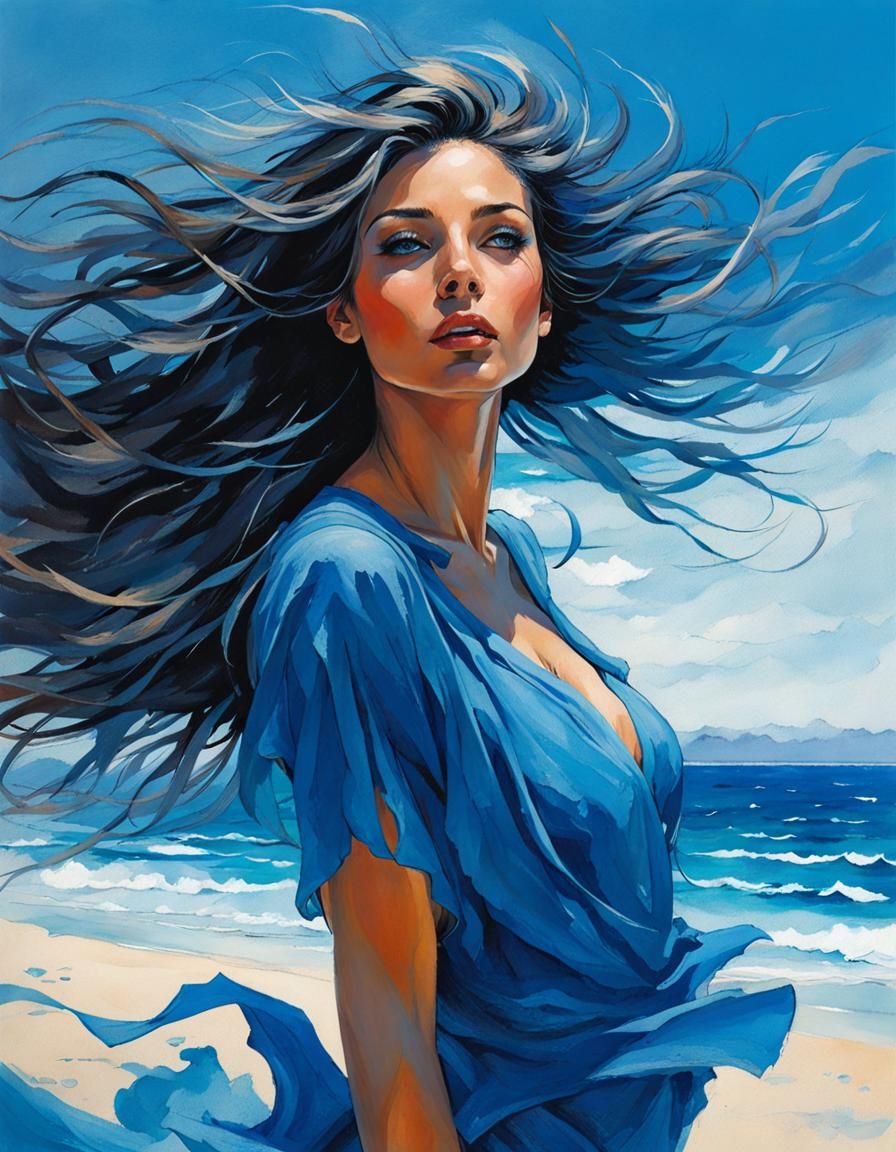 Blue-Haired Woman Portrait with Sea View