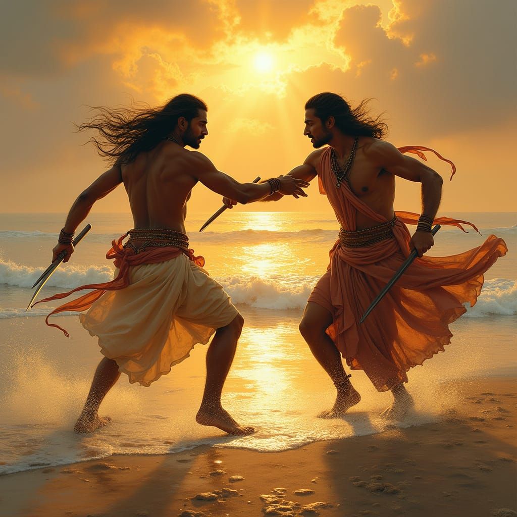 Indian Men in Ancient Tamil Battle on Beach