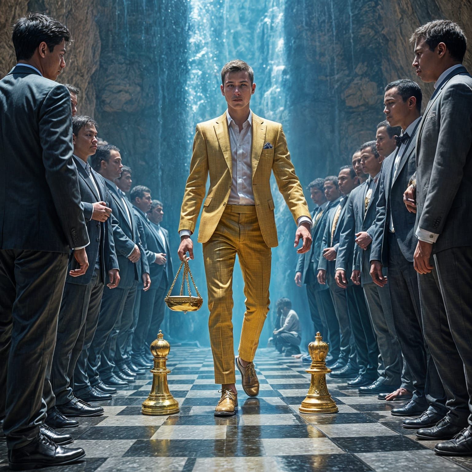 Surreal Chess Waterfall Scene with Gold Figure
