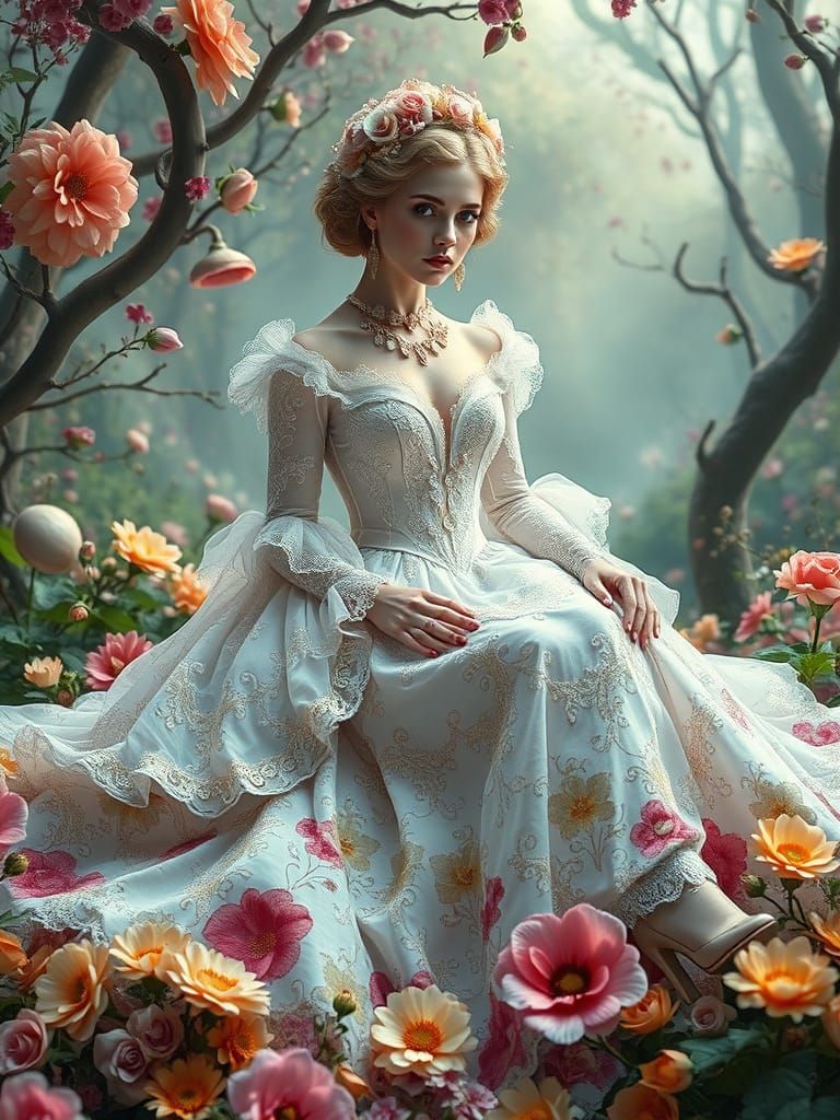 Ethereal Woman in Rococo Dress in Fairy Forest