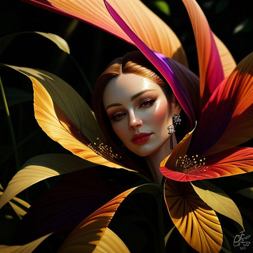 Thoughtful Woman in Vibrant Floral Paradise