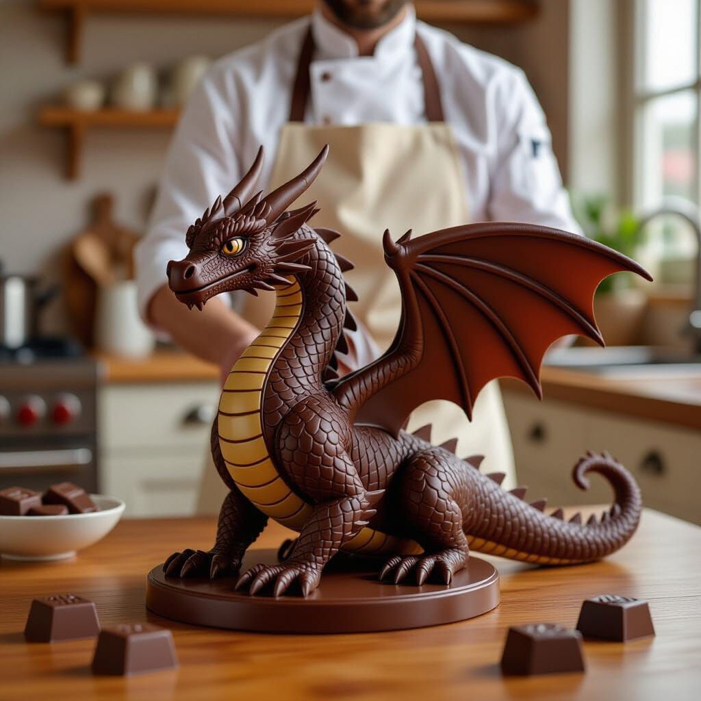 Intricate Chocolate Dragon Statue on Wooden Table