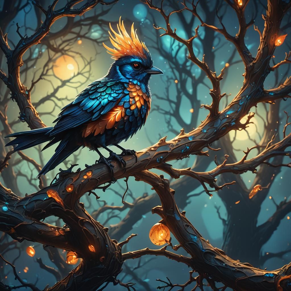 Iridescent Bird Perched in Bioluminescent Forest