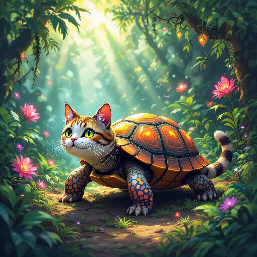 Whimsical Cat-Faced Turtle Creature in a Vibrant Jungle