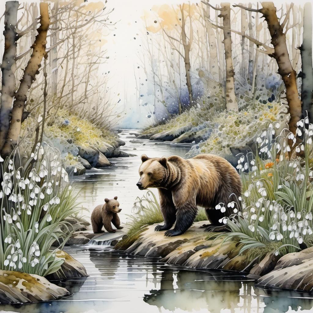 Detailed Oil Painting: Baby and Mother Bear