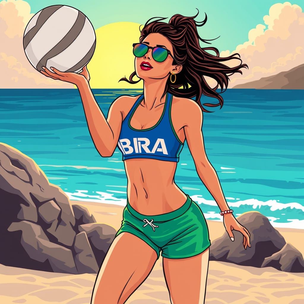 Woman Plays Beach Volleyball in Blue & Green Sports Gear