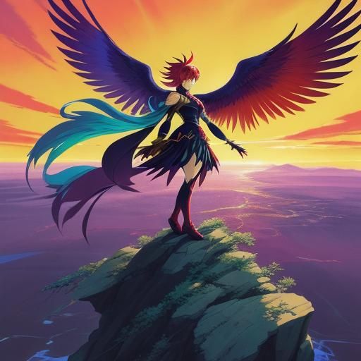 Majestic Phoenix Overlooking Fiery Sunset in Anime Style
