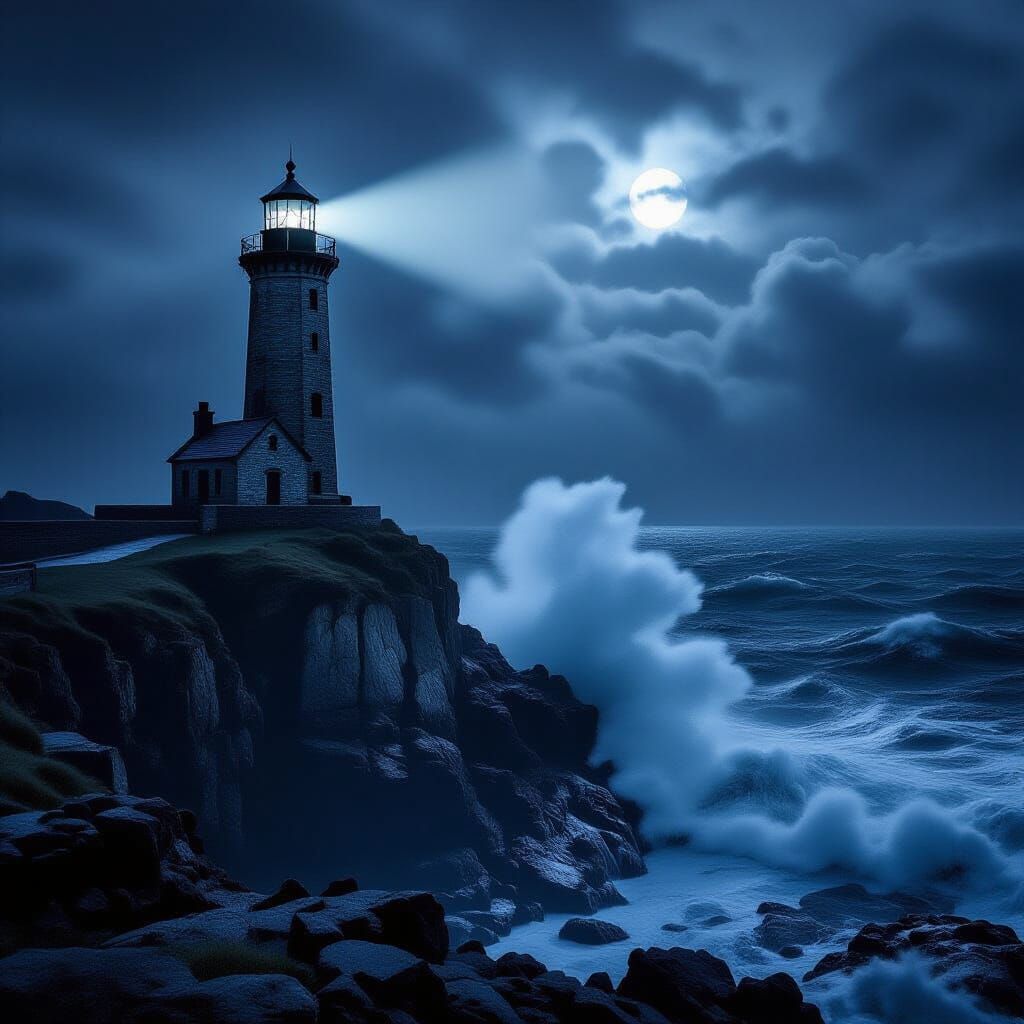 Ancient Lighthouse on Stormy Cliff Overlooking Ink-Black Sea