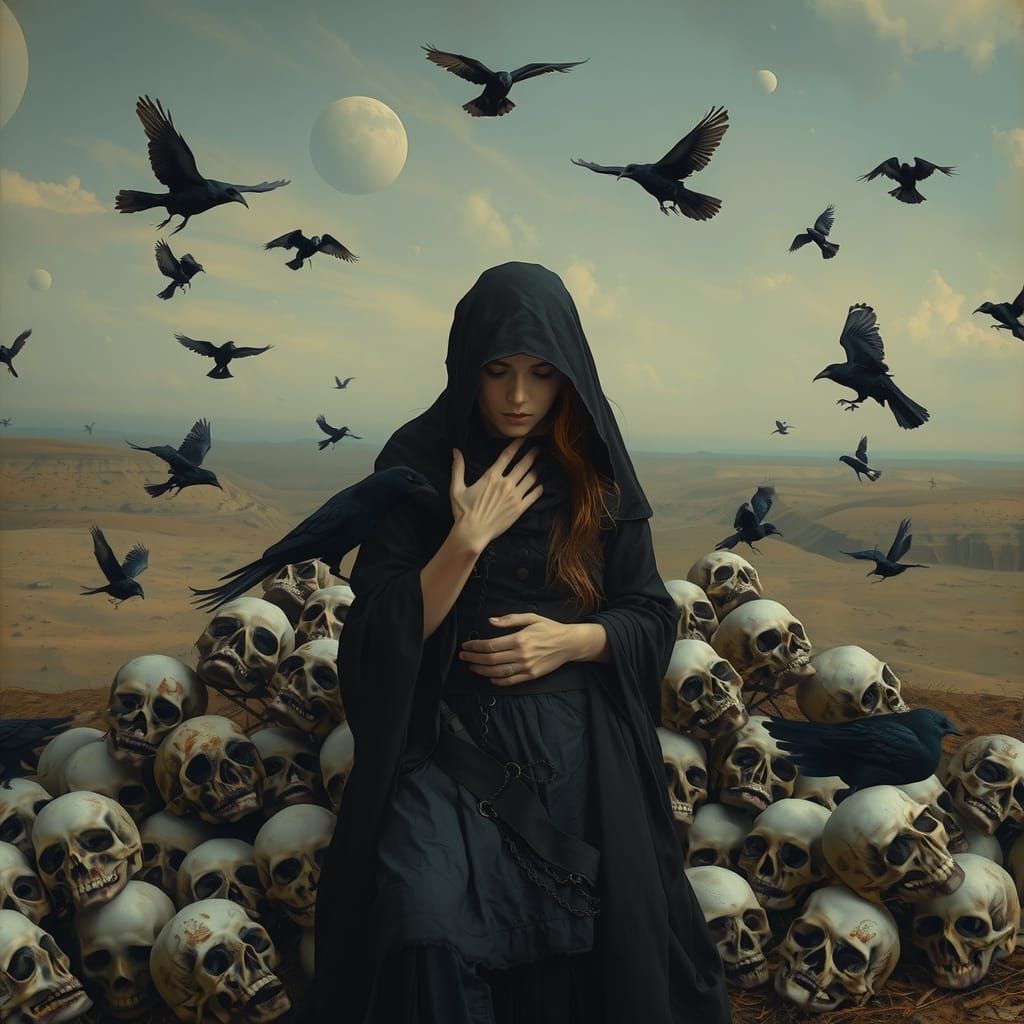 Mourning Woman in Macabre Landscape, Comforted by Melancholy