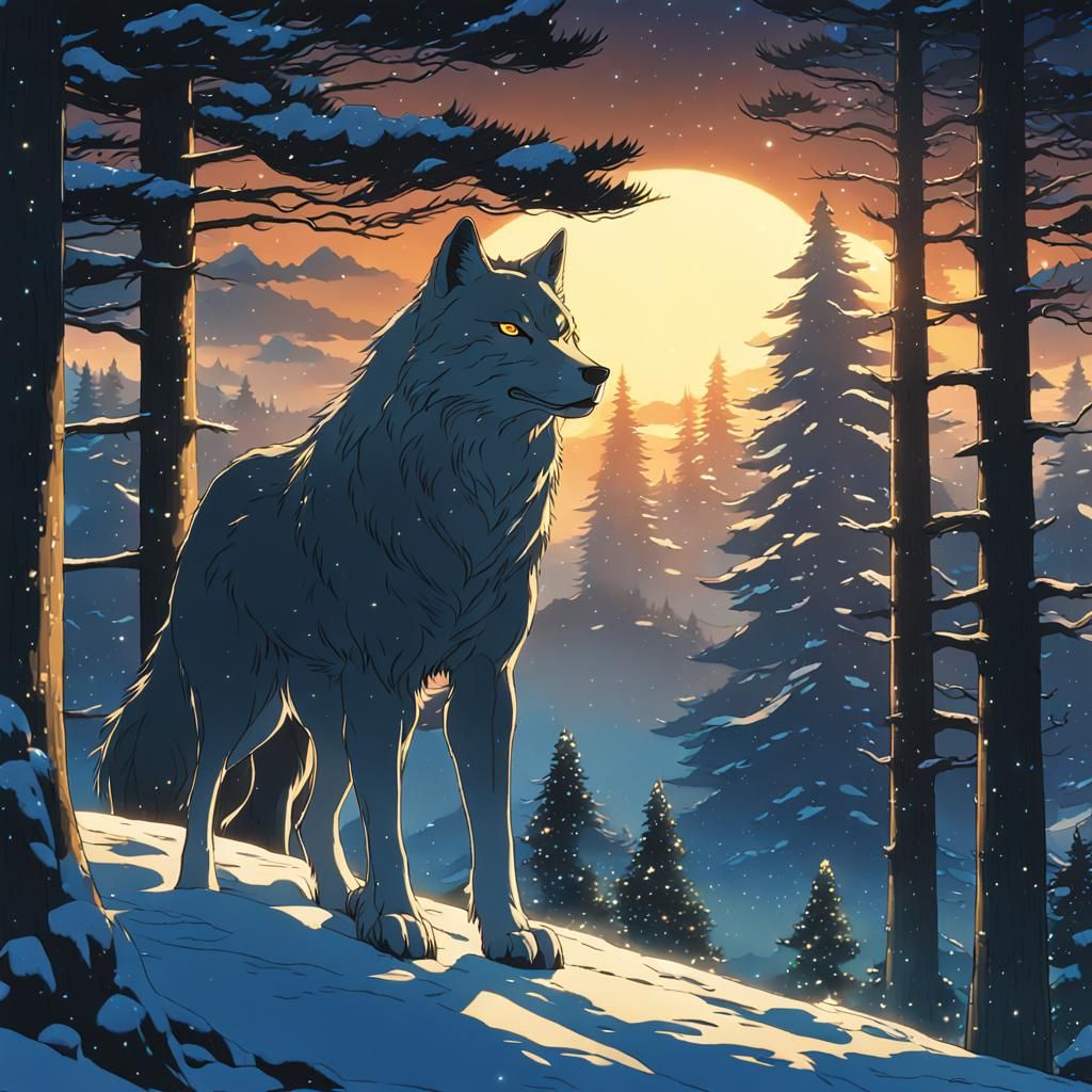 Magical Winter Wolf in Anime Key Visual Style