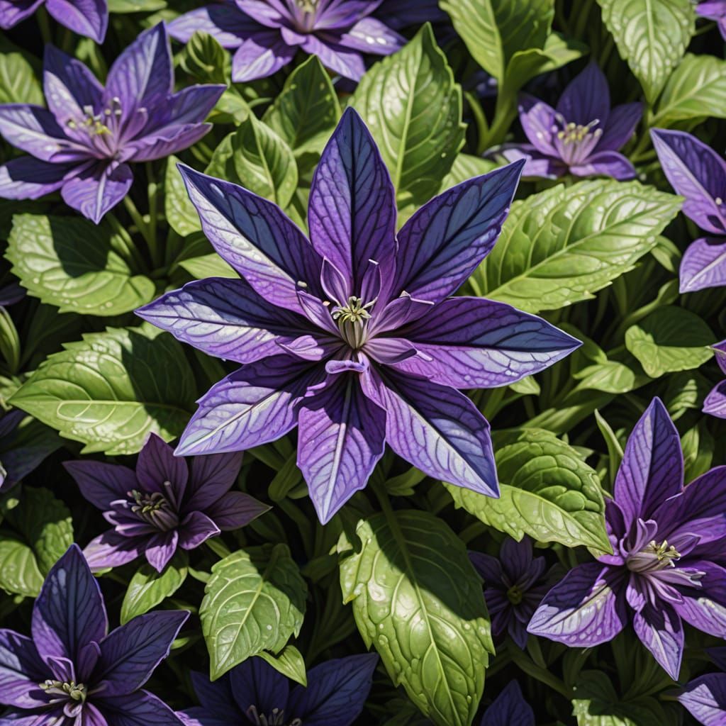 nine-pointed leaf of variegated greens surrounding delicate blooms of violet flowers
