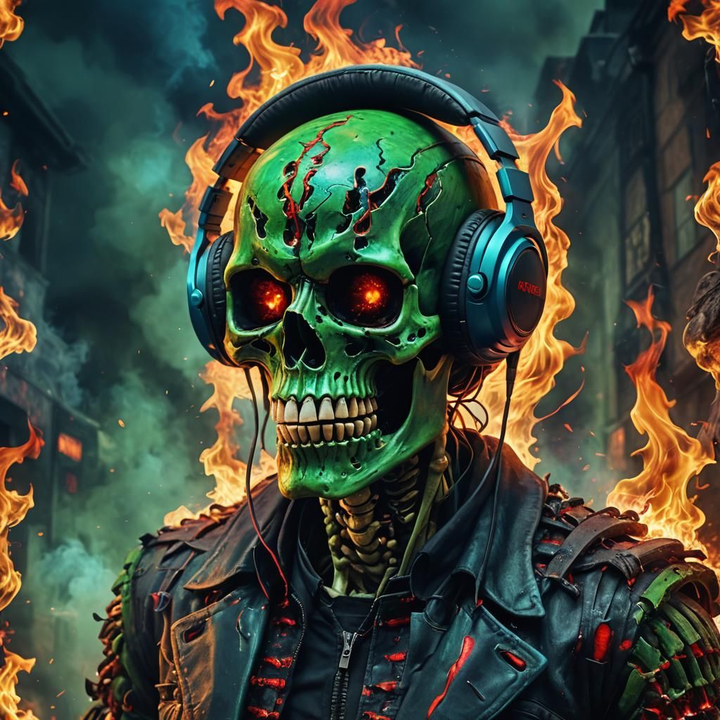 Flaming Skull with Headphones in Surreal Style