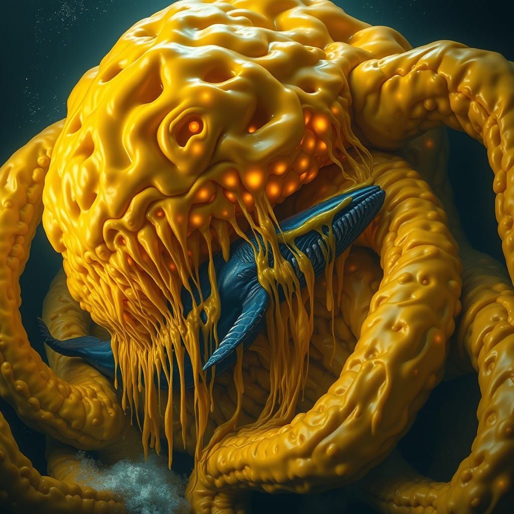 Gigantic, Glowing Cheese Kraken Ensnaring Blue Whale