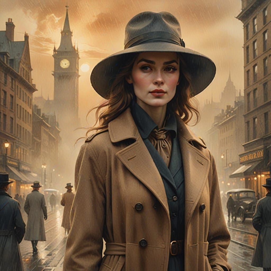 Mysterious Woman in a Misty Cityscape, Classic Realism Style