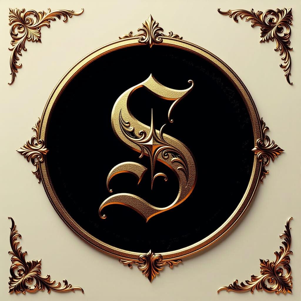 Elegant Golden Gothic Letter S on Black Velvet