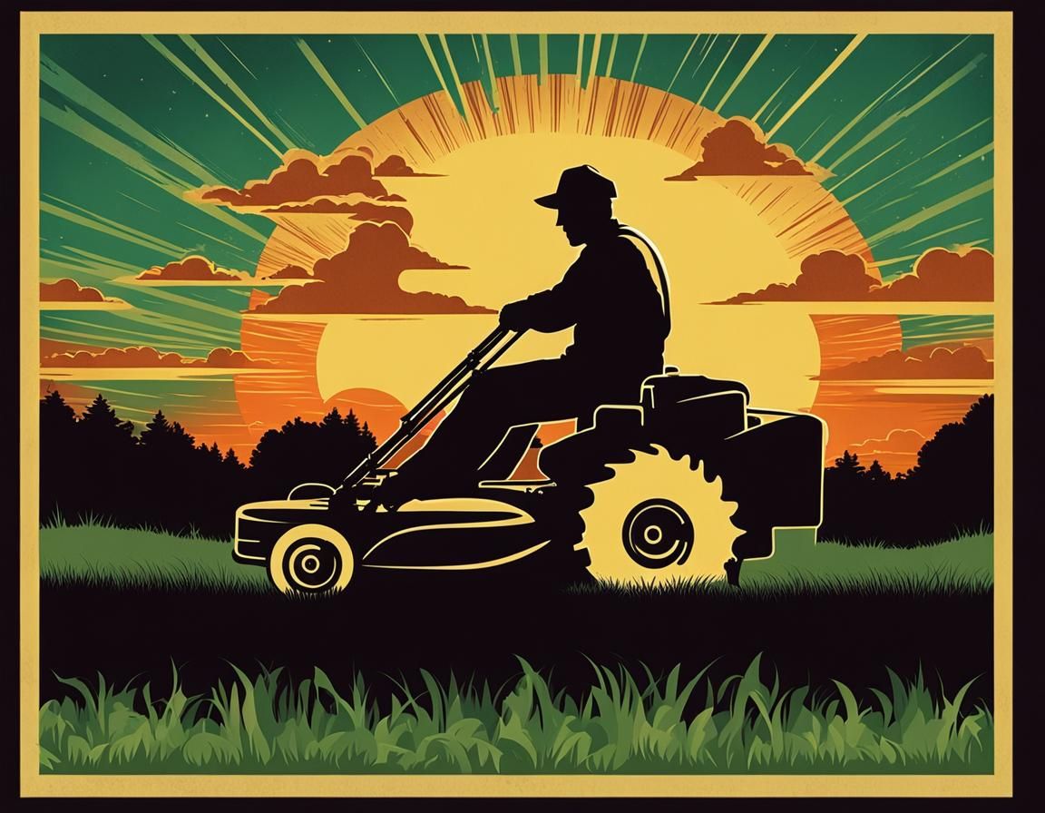 Sunset Silhouette: Man Mowing Lawn, Retro Poster Style