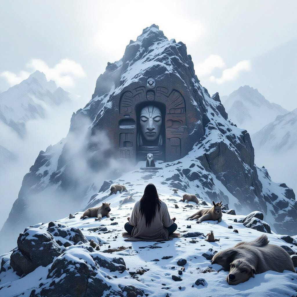 Native American Figure Meditates on Sacred Mountain