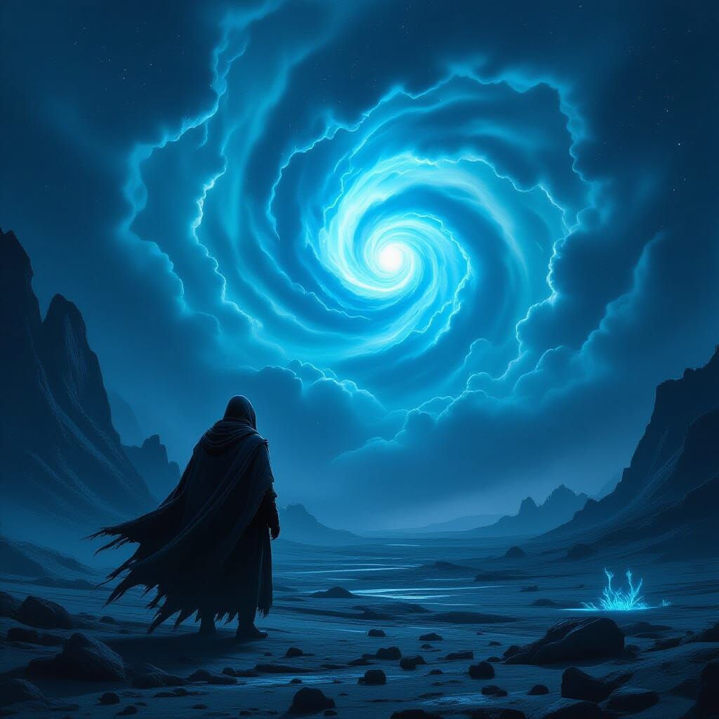 Lone Explorer on Alien Planet Under Nebula