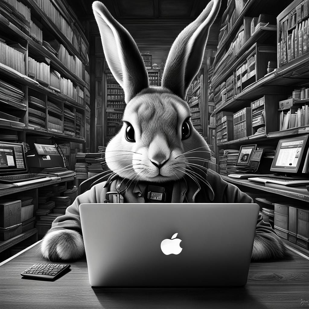 Rabbit Mechanic in Workshop: Black and White Vector